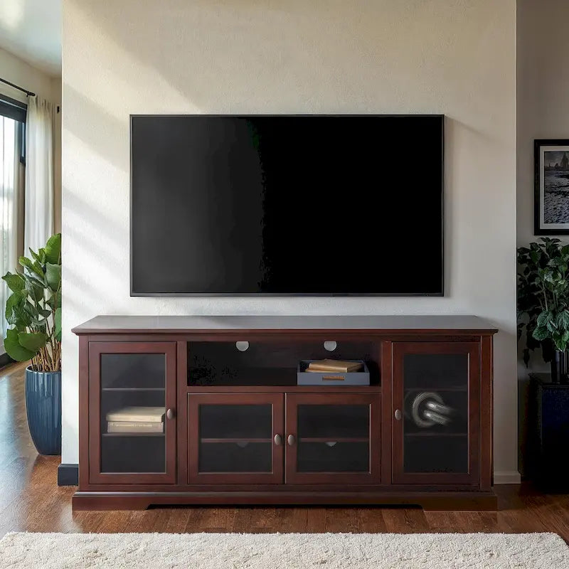 Meuble TV en bois massif foncé avec portes en verre trempé