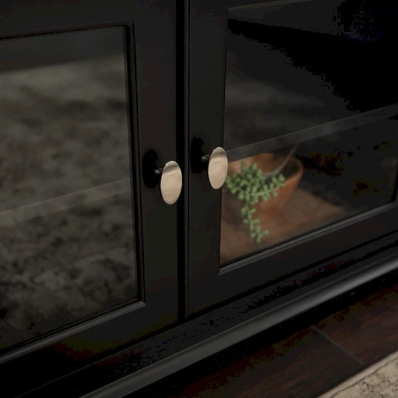 Meuble TV en bois massif foncé avec portes en verre trempé