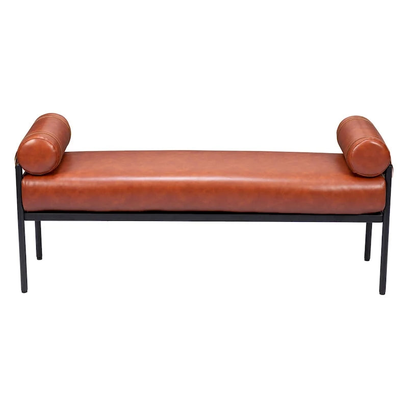 Banc rembourré en similicuir marron de 56 pouces