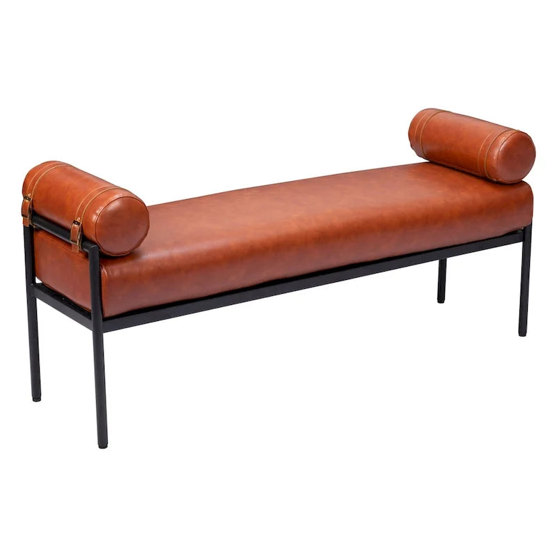 Banc rembourré en similicuir marron de 56 pouces