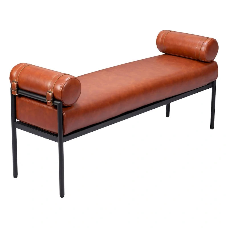 Banc rembourré en similicuir marron de 56 pouces