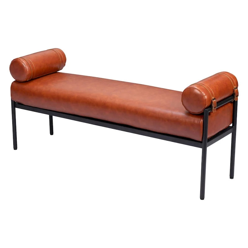 Banc rembourré en similicuir marron de 56 pouces