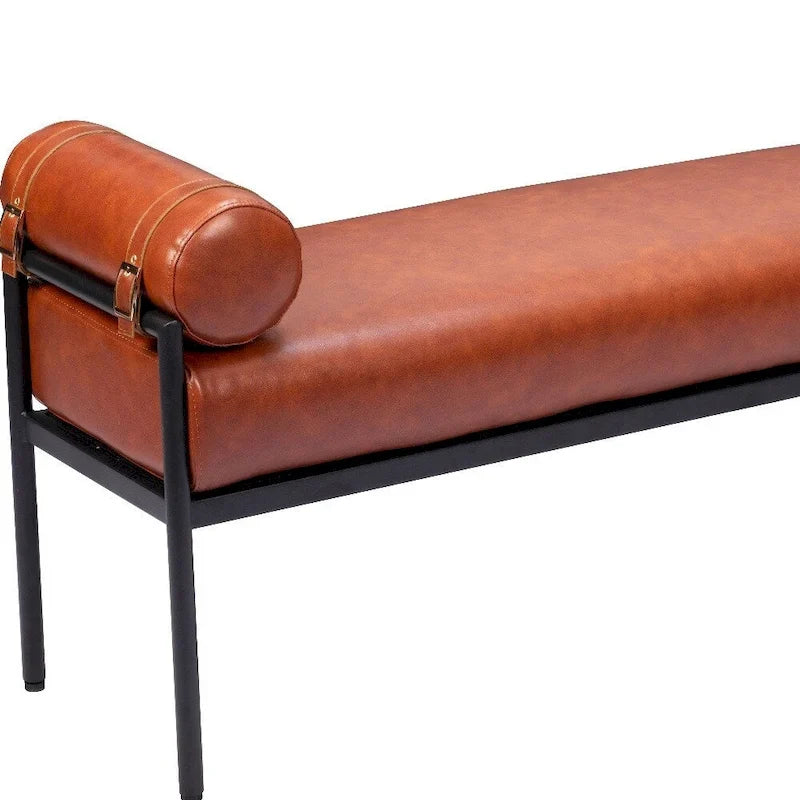 Banc rembourré en similicuir marron de 56 pouces