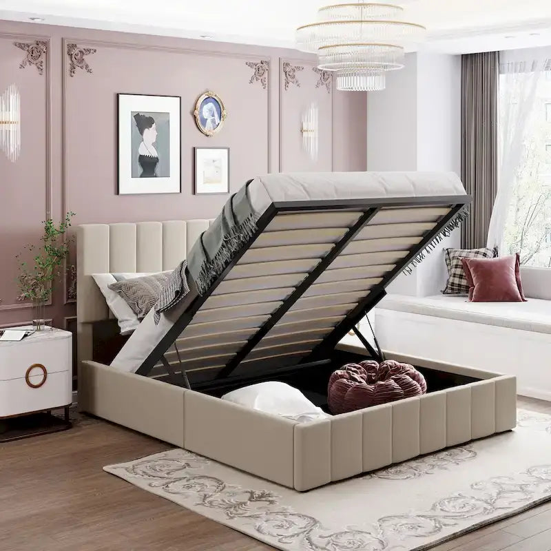Polsterbett in Queen-Size-Größe aus Leinen - Bett mit hydraulischem Hebemechanismus und verstecktem Stauraum, Massivholzrahmen aus Kiefer