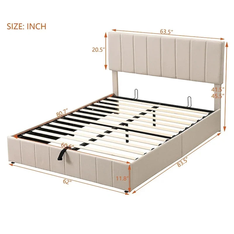 Polsterbett in Queen-Size-Größe aus Leinen - Bett mit hydraulischem Hebemechanismus und verstecktem Stauraum, Massivholzrahmen aus Kiefer