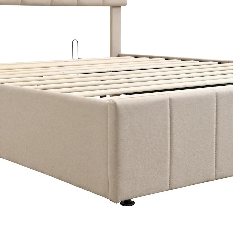 Polsterbett in Queen-Size-Größe aus Leinen - Bett mit hydraulischem Hebemechanismus und verstecktem Stauraum, Massivholzrahmen aus Kiefer