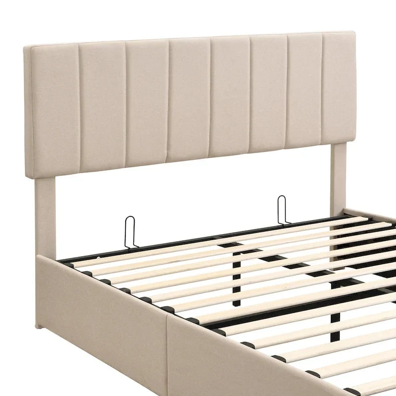 Polsterbett in Queen-Size-Größe aus Leinen - Bett mit hydraulischem Hebemechanismus und verstecktem Stauraum, Massivholzrahmen aus Kiefer