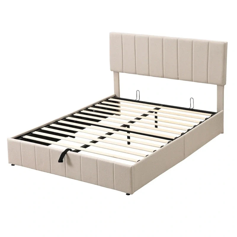 Polsterbett in Queen-Size-Größe aus Leinen - Bett mit hydraulischem Hebemechanismus und verstecktem Stauraum, Massivholzrahmen aus Kiefer