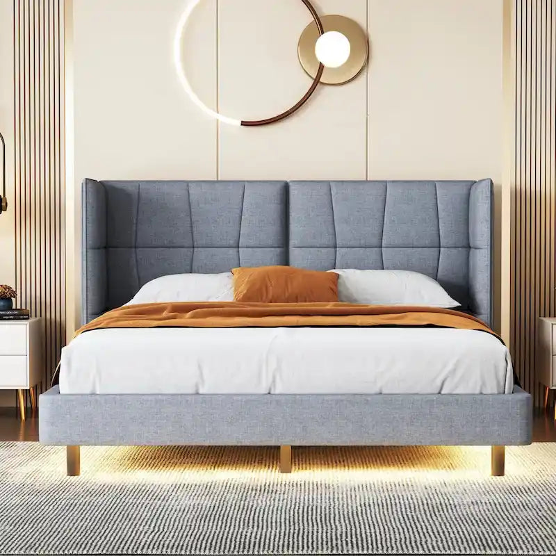 Gepolstertes Plattformbett in Queen-Size mit LED-Leuchten und U-förmigem Kopfteil
