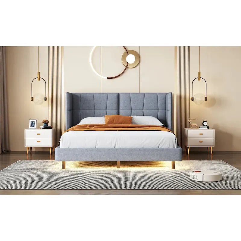 Gepolstertes Plattformbett in Queen-Size mit LED-Leuchten und U-förmigem Kopfteil