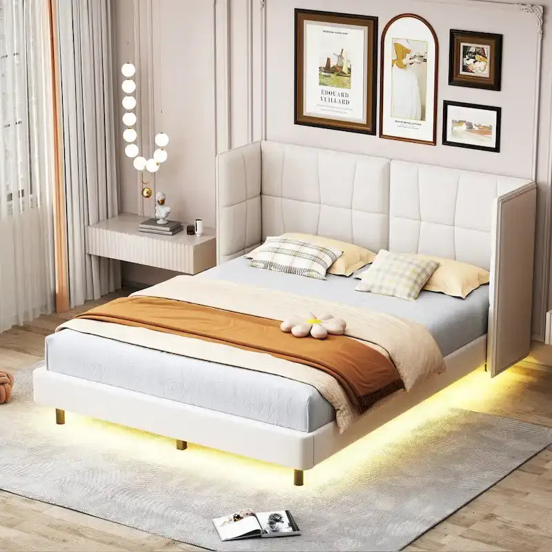 Gepolstertes Plattformbett in Queen-Size mit LED-Leuchten und U-förmigem Kopfteil