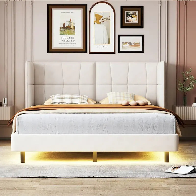 Gepolstertes Plattformbett in Queen-Size mit LED-Leuchten und U-förmigem Kopfteil