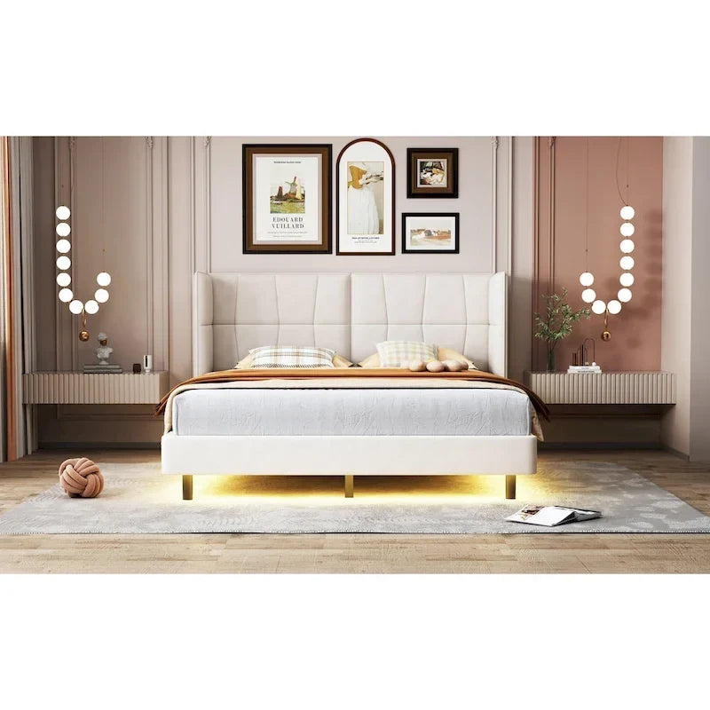 Gepolstertes Plattformbett in Queen-Size mit LED-Leuchten und U-förmigem Kopfteil