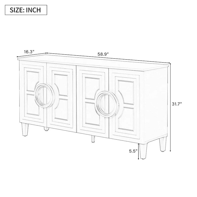 Console de 58.9 en MDF avec 4 portes, poignées annulaires rondes et piètement à 5 pieds
