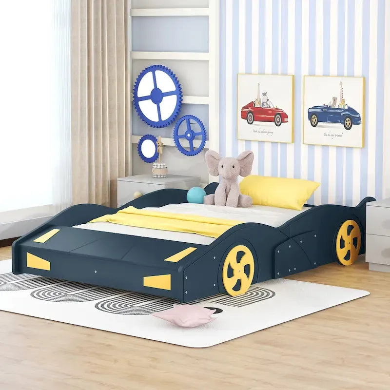 Rennwagenbett aus Kiefernholz in Full-Größe mit Rädern und Stauraum