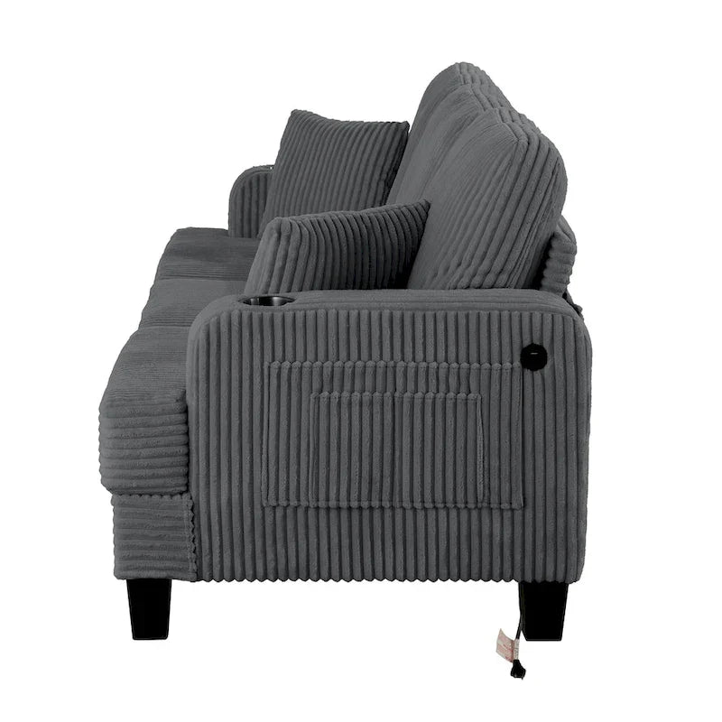 61 Contemporary Corduroy Loveseat Sofa with 2 Pillows and Cup Holder