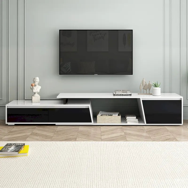 Moderner, minimalistischer, rechteckiger, ausziehbarer TV-Ständer, 100 inch, mit zwei Schubladen