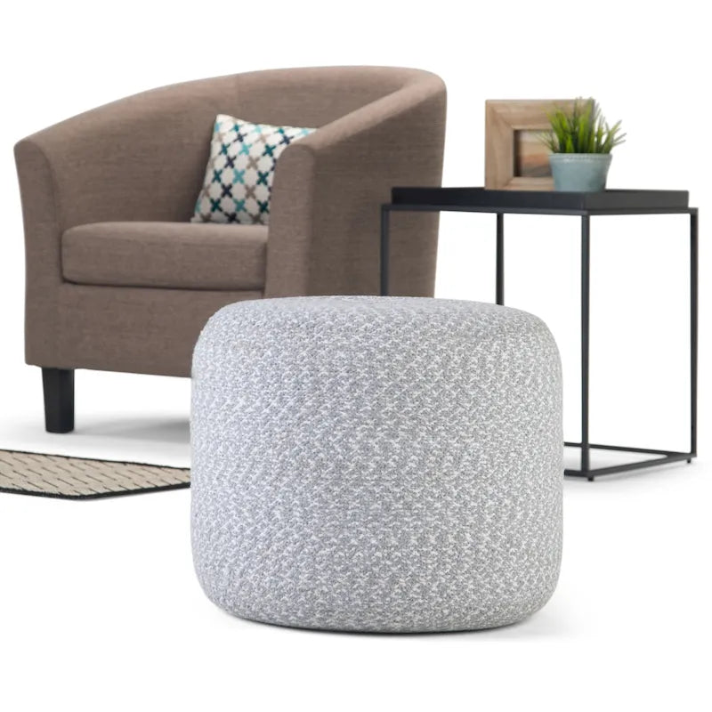 Runder Pouf-Hocker aus hellgrauem, strukturiertem Bouclé