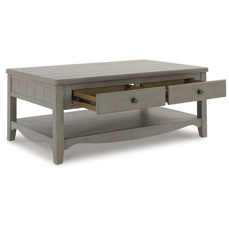 Grey Farmhouse Coffee Table with Drawers & Open Bottom Shelf