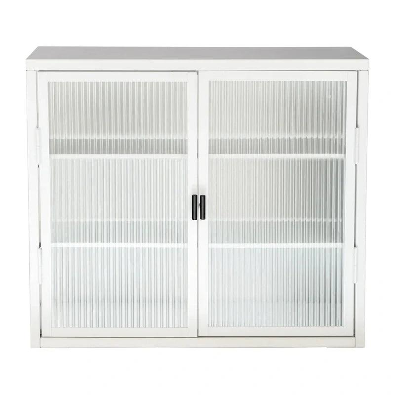 Schwarzer Wandschrank mit geriffelten Glastüren, schwebender Vitrinenschrank