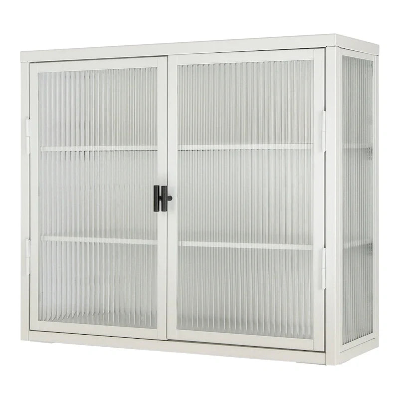 Schwarzer Wandschrank mit geriffelten Glastüren, schwebender Vitrinenschrank