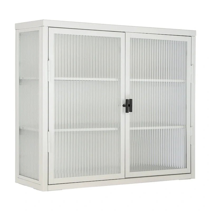 Schwarzer Wandschrank mit geriffelten Glastüren, schwebender Vitrinenschrank