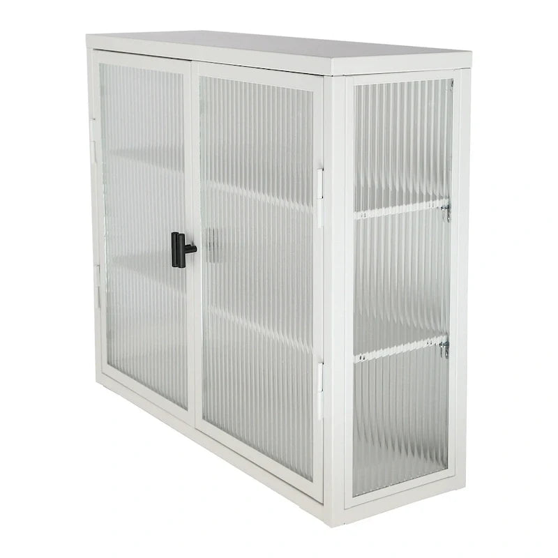 Schwarzer Wandschrank mit geriffelten Glastüren, schwebender Vitrinenschrank