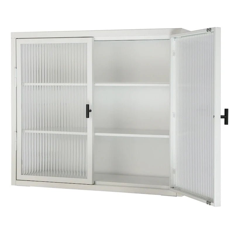Schwarzer Wandschrank mit geriffelten Glastüren, schwebender Vitrinenschrank