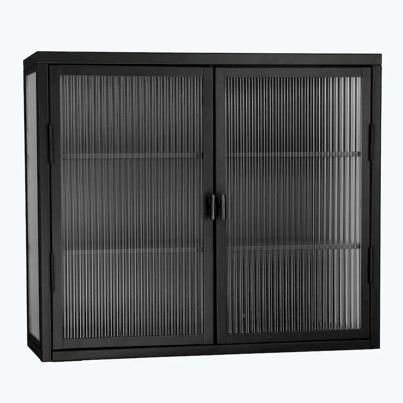 Schwarzer Wandschrank mit geriffelten Glastüren, schwebender Vitrinenschrank