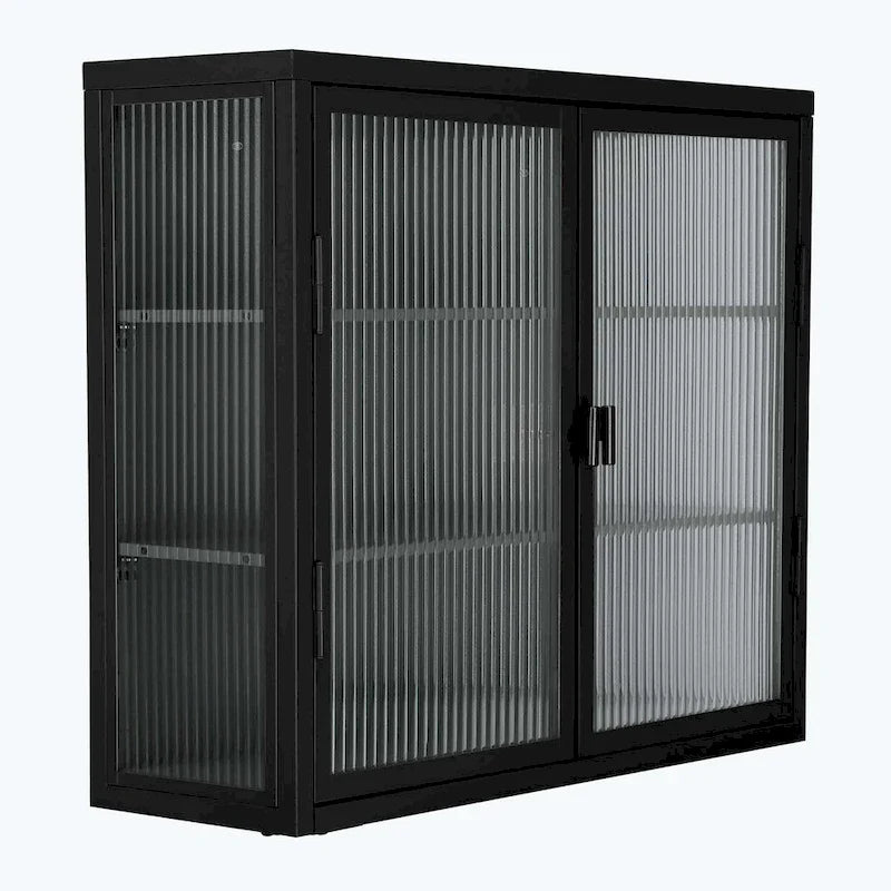 Schwarzer Wandschrank mit geriffelten Glastüren, schwebender Vitrinenschrank