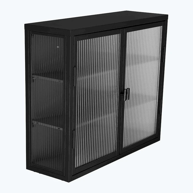 Schwarzer Wandschrank mit geriffelten Glastüren, schwebender Vitrinenschrank