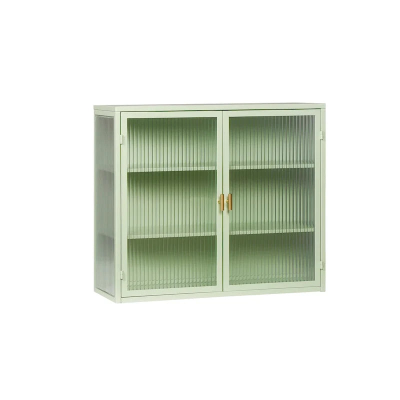 Schwarzer Wandschrank mit geriffelten Glastüren, schwebender Vitrinenschrank