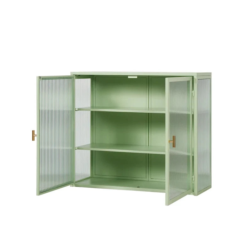Schwarzer Wandschrank mit geriffelten Glastüren, schwebender Vitrinenschrank