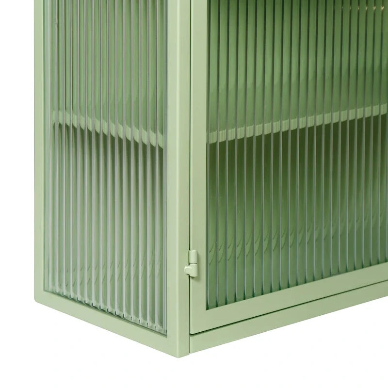 Schwarzer Wandschrank mit geriffelten Glastüren, schwebender Vitrinenschrank