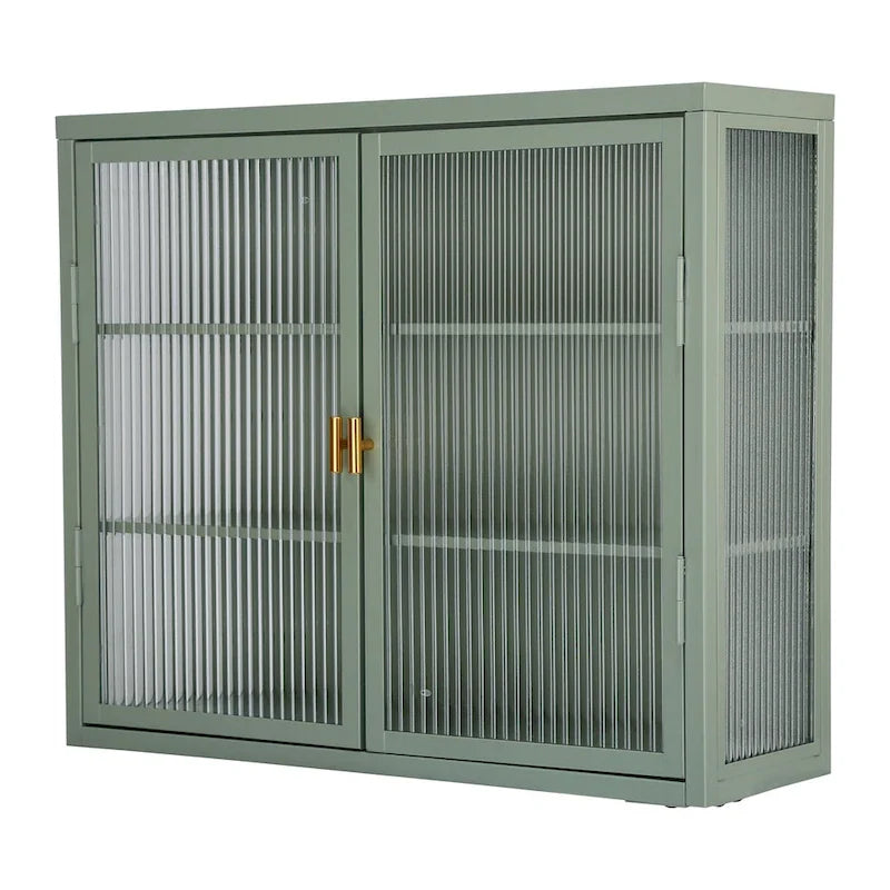 Schwarzer Wandschrank mit geriffelten Glastüren, schwebender Vitrinenschrank