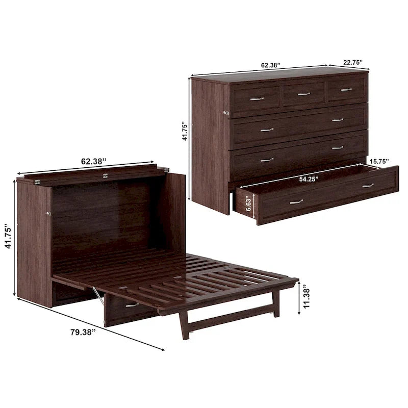 Lit coffre escamotable queen avec matelas, ambre brûlé