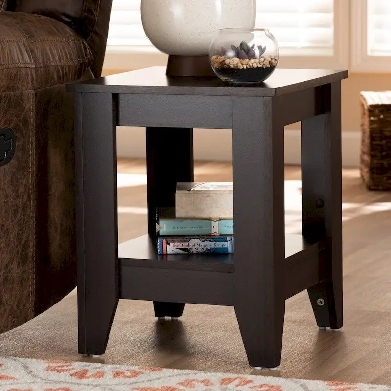 Dark Wood Side End Table with Lower Storage Shelf