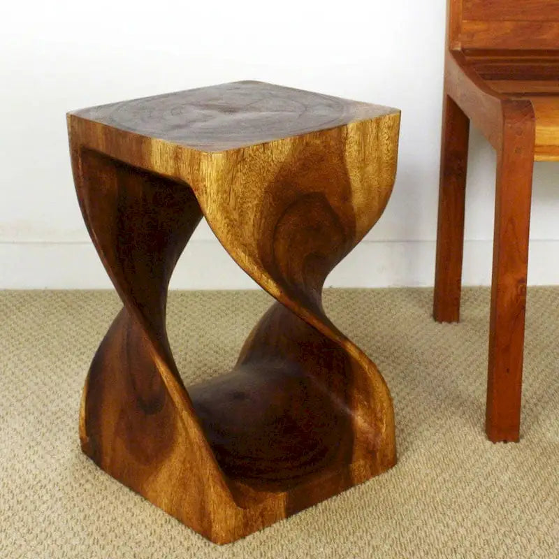 Handmade Twisted Solid Wood Accent Stool End Table