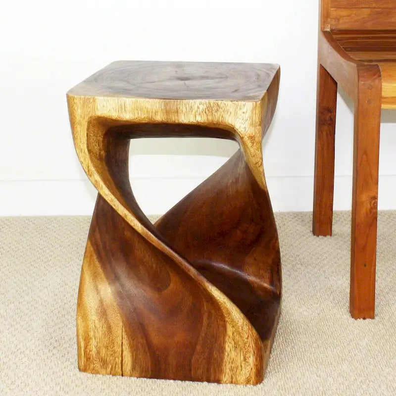 Handmade Twisted Solid Wood Accent Stool End Table
