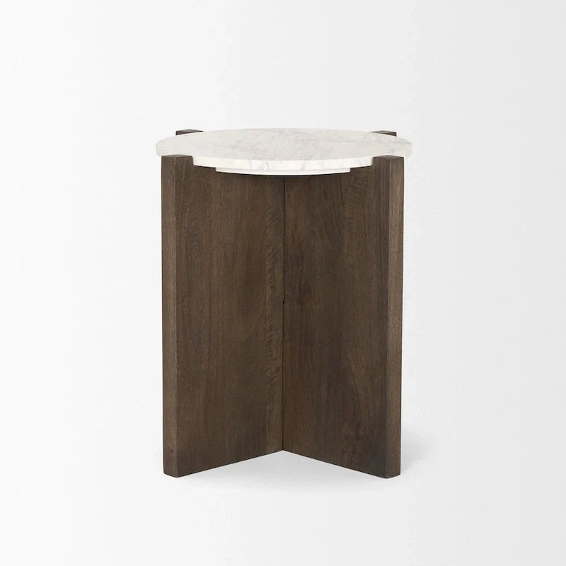 Table d’appoint ronde en bois marron foncé avec plateau en marbre