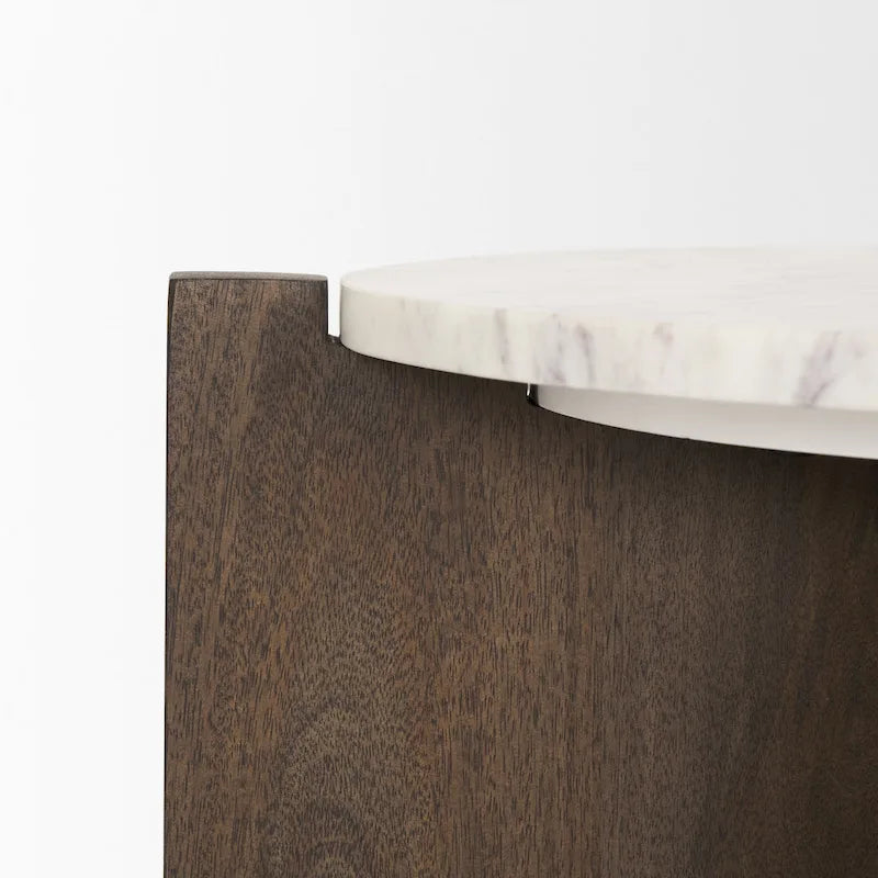 Table d’appoint ronde en bois marron foncé avec plateau en marbre