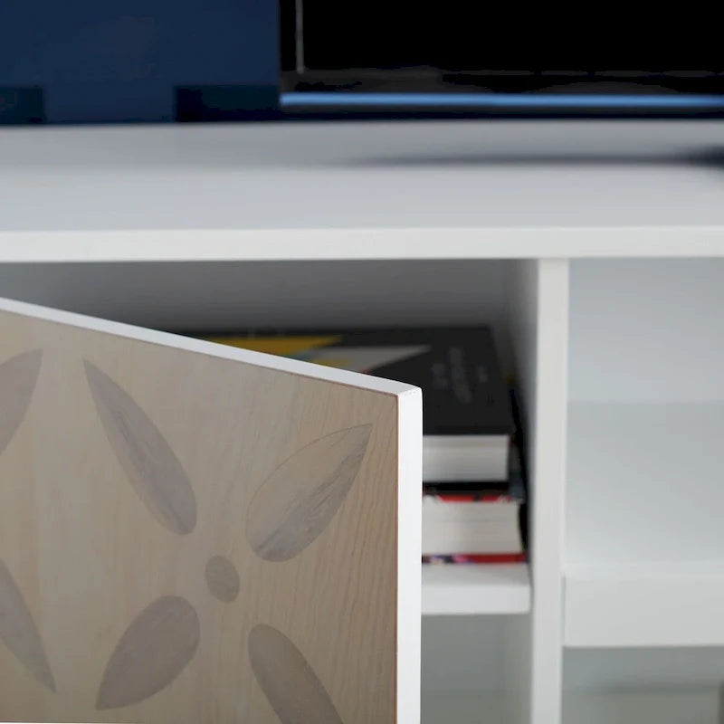 White Mid-Century TV Console with Decorative Cabinet Doors