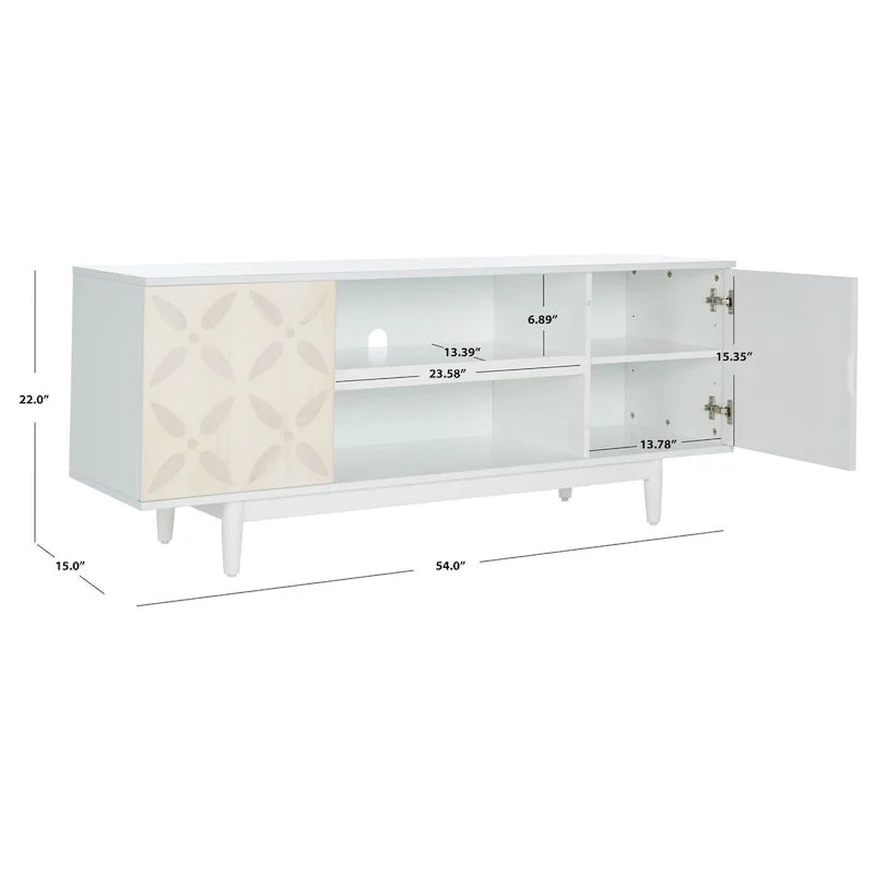 White Mid-Century TV Console with Decorative Cabinet Doors