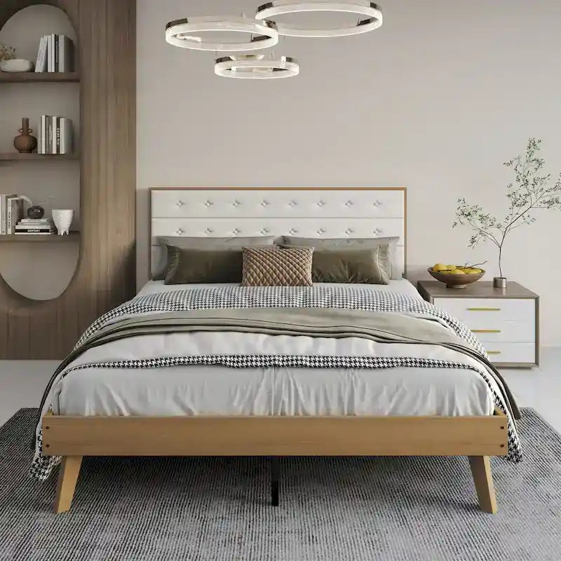 Bett mit Plattform aus Holz im Mid-Century-Stil