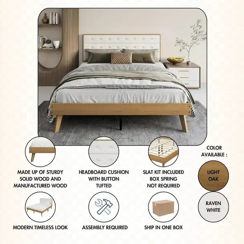 Bett mit Plattform aus Holz im Mid-Century-Stil