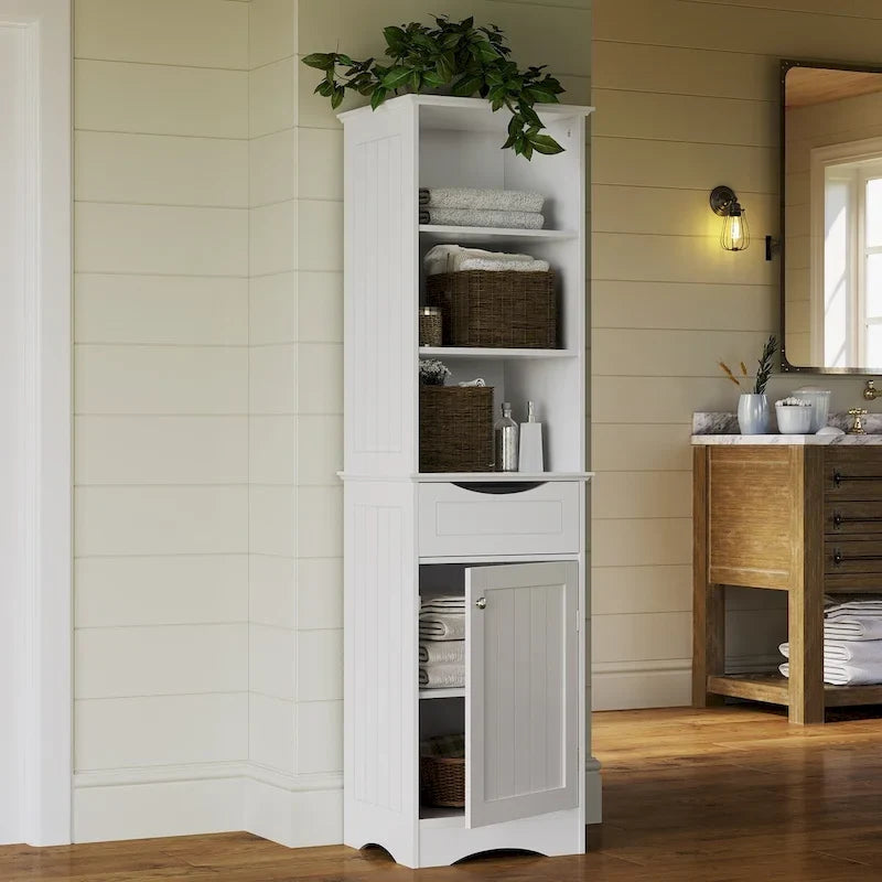 Armoire haute de rangement et d’organisation pour salle de bain, avec tiroir et étagères