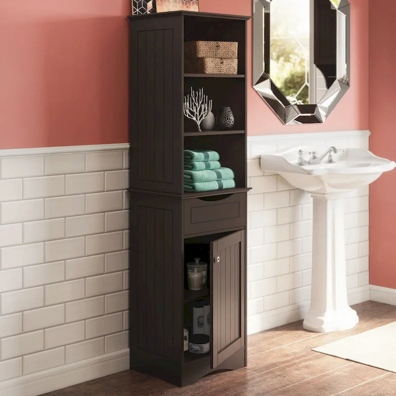 Tall Bathroom Storage Linen Cabinet and Organizer with Drawer and Shelves