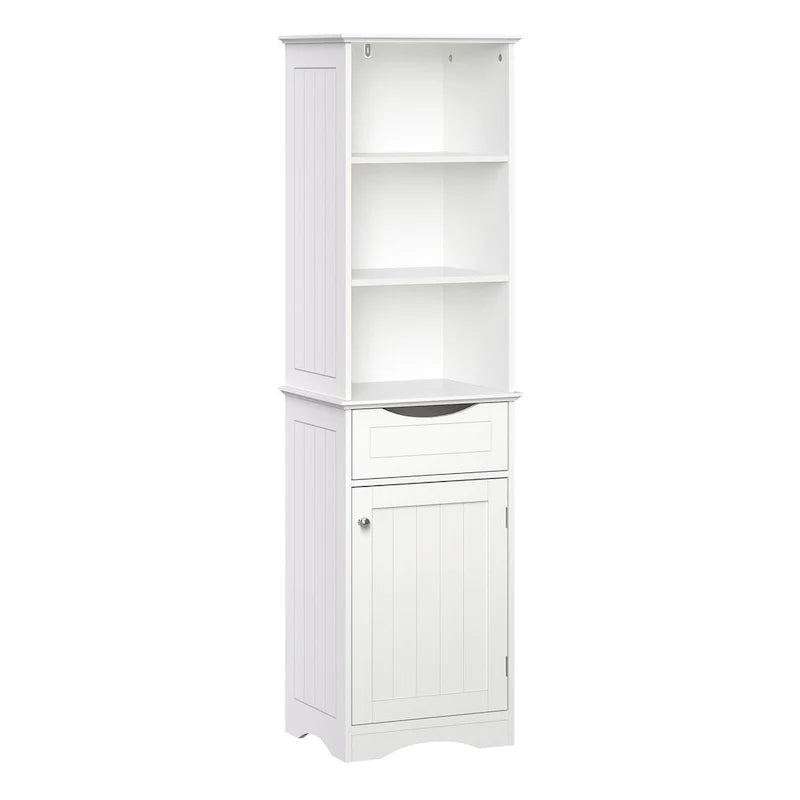 Armoire haute de rangement et d’organisation pour salle de bain, avec tiroir et étagères