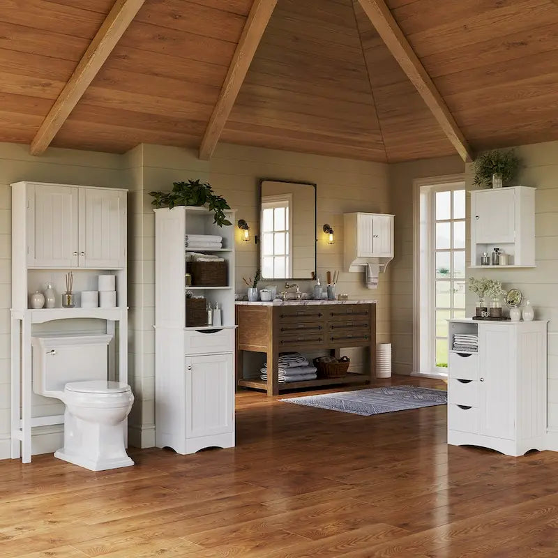 Armoire haute de rangement et d’organisation pour salle de bain, avec tiroir et étagères