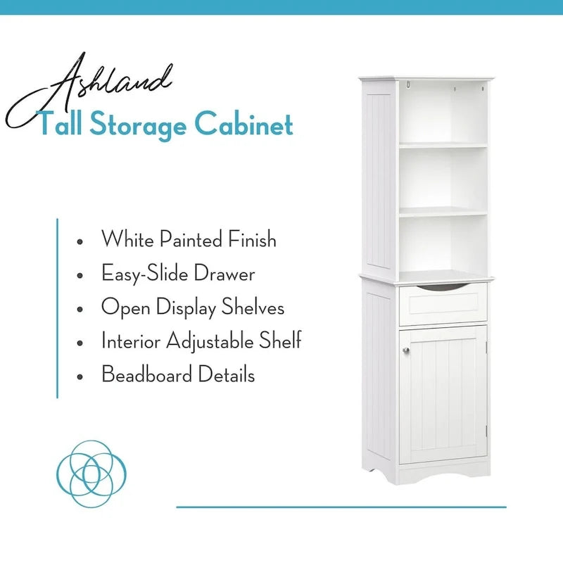Armoire haute de rangement et d’organisation pour salle de bain, avec tiroir et étagères
